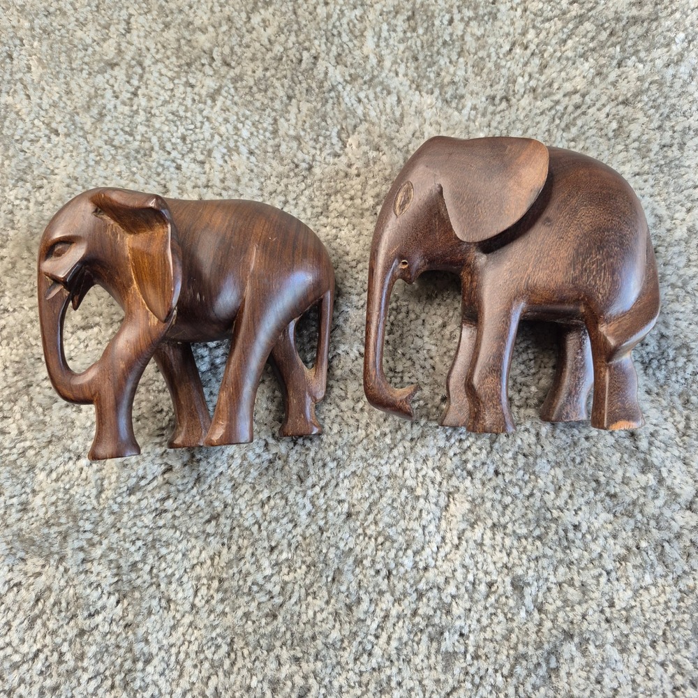 Vintage Hand Carved Wooden Elephant Figurines Set of 2 Dark Wood Safari Decor